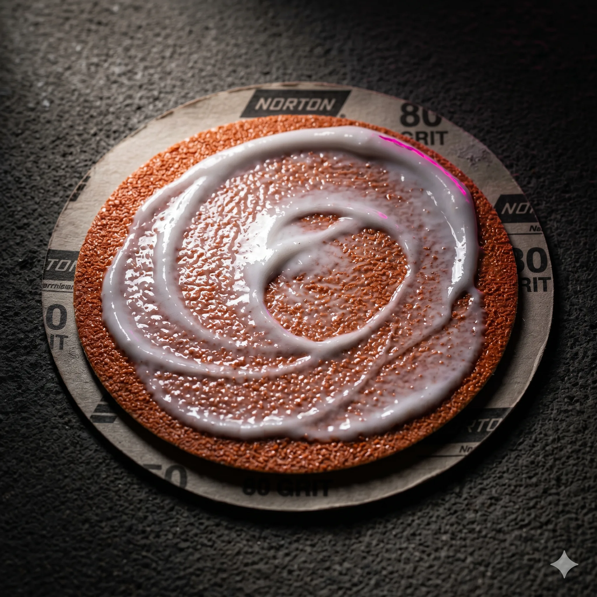 A swirl of compound on Norton 80. Glistening already.