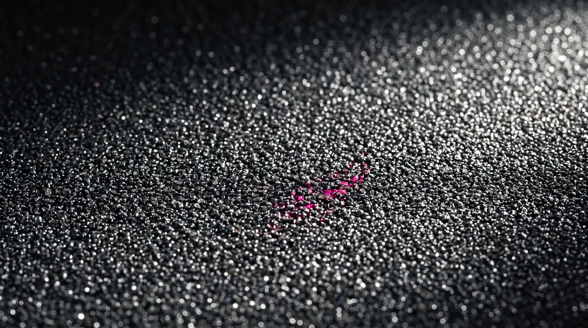 A single mark of pink in a field of black grit.