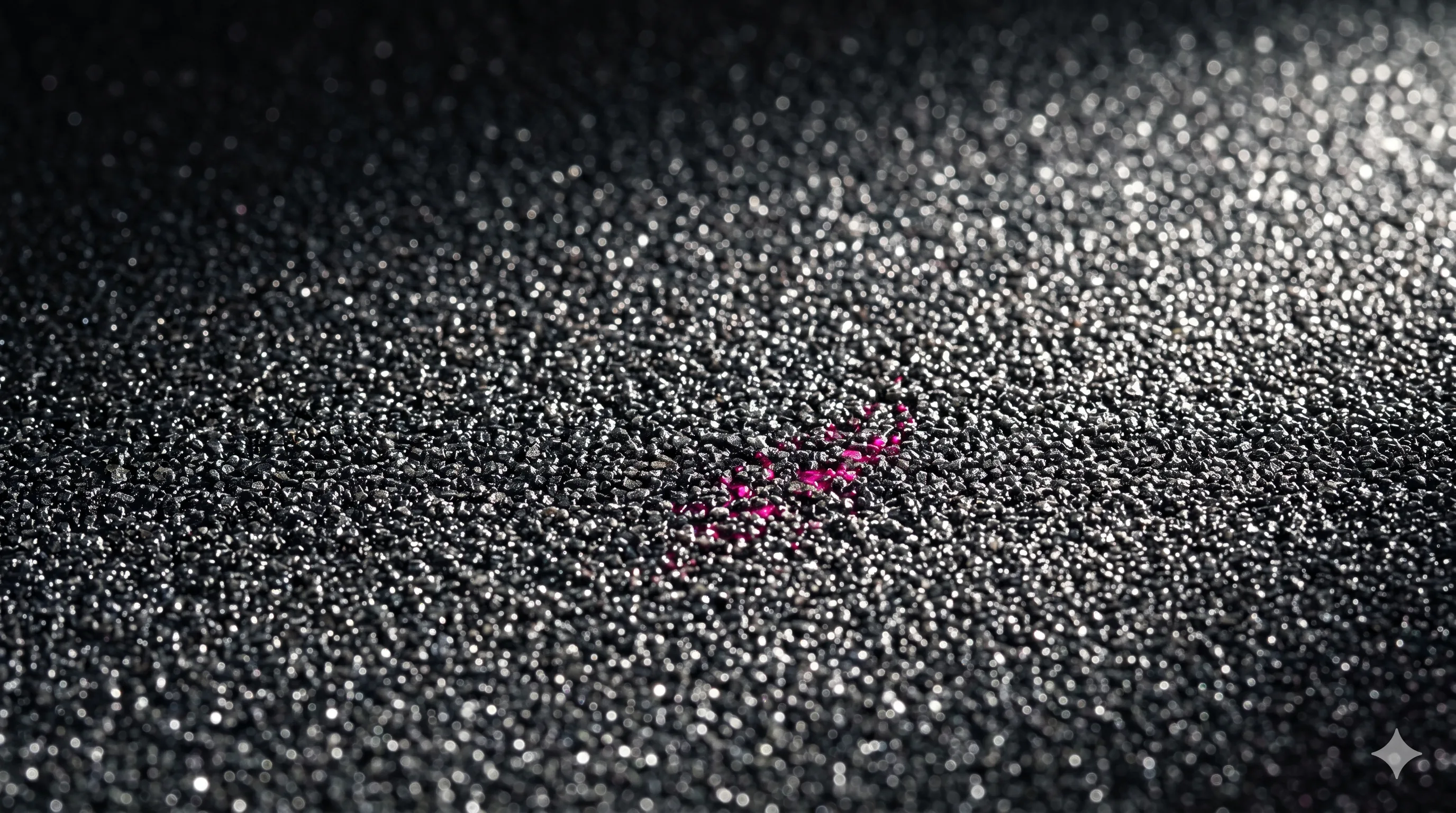 A single mark of pink in a field of black grit.