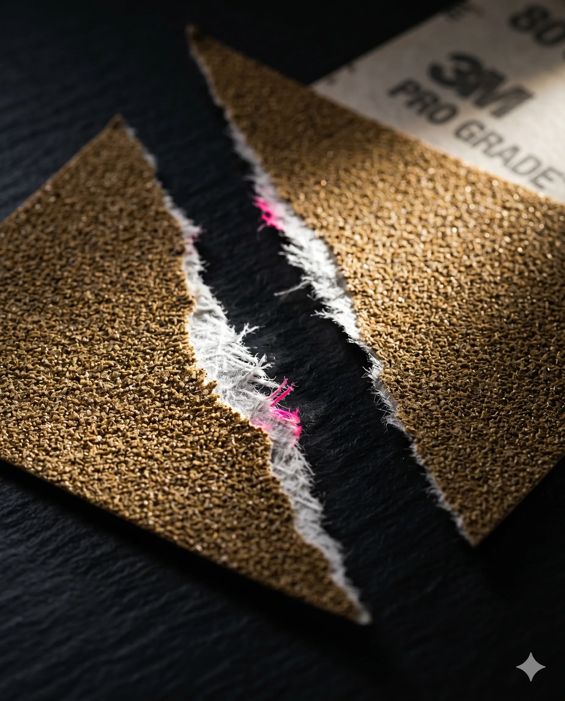 Torn down the middle. Pink showing through the seam.